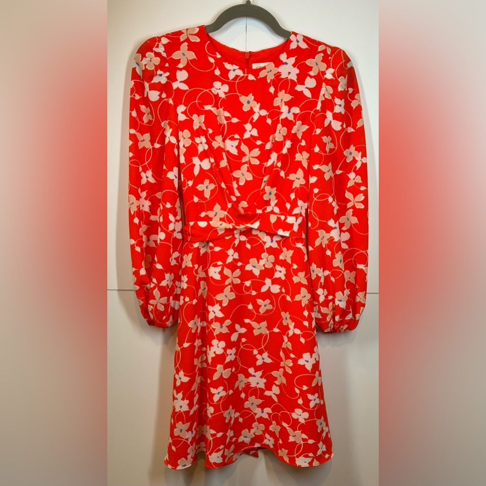 Eliza J Vibrant Orange Long Sleeve Crepe Dress with Cream Floral Accents Size 0